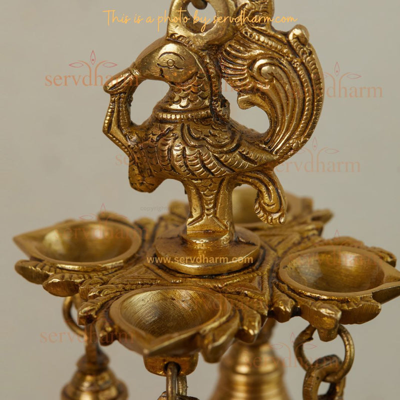 Brass Hanging Peacock Oil Diya With Bells