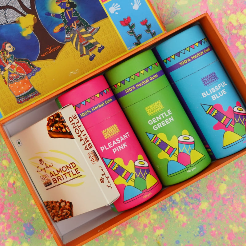 Madhubani Art Holi Gift Box - 3 Gulaal Jars and 1 Loyka Almond Brittle