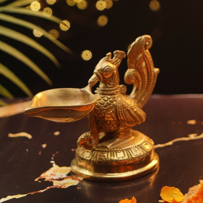 Peacock Decorative Antique Brass Diya, Oil Lamp, 640 grams brass