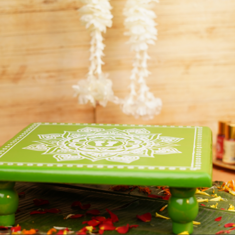 Green Aipan Laxmi Charan Pooja chowki 11x11 Inch