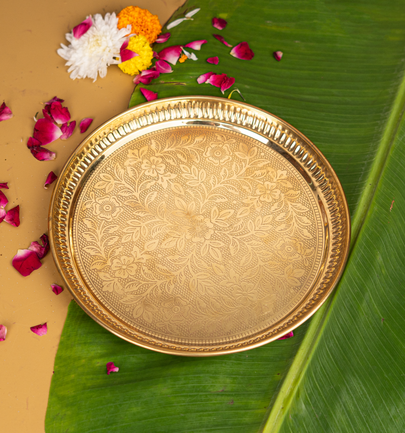 Pure Brass Floral Etchings Pooja Thali 9 Inch