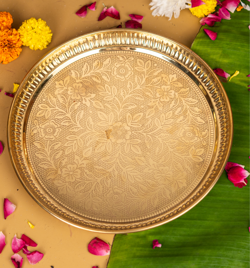 Pure Brass Floral Etchings Pooja Thali 9 Inch