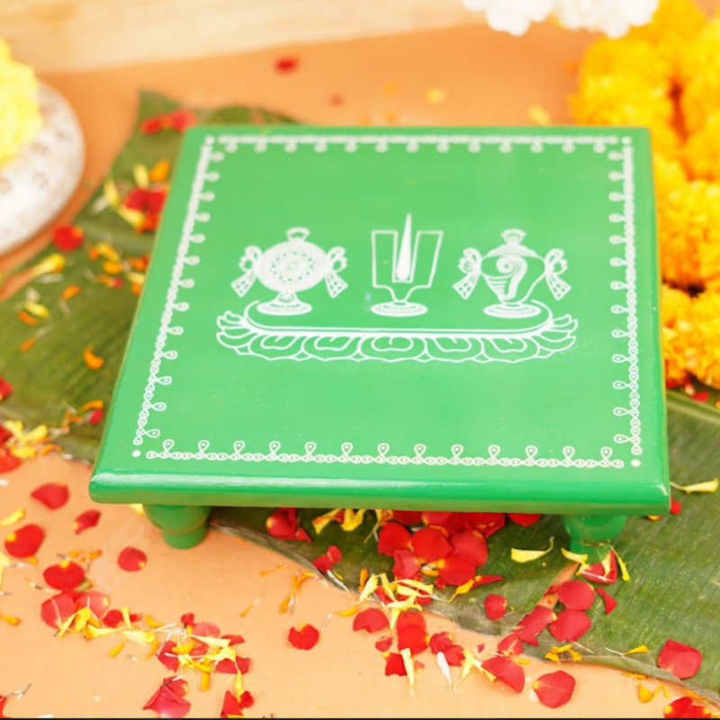 Green shank chakra Namah Aipan Pooja chowki 11x11 Inch