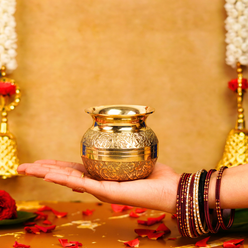 Pure Brass Embossed Pooja Lota 3 Inches 250 ml