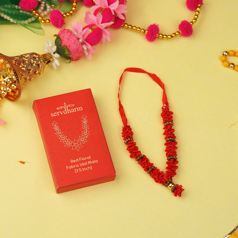 Red Floral Fabric Idol Mala 7.5 " | 4g