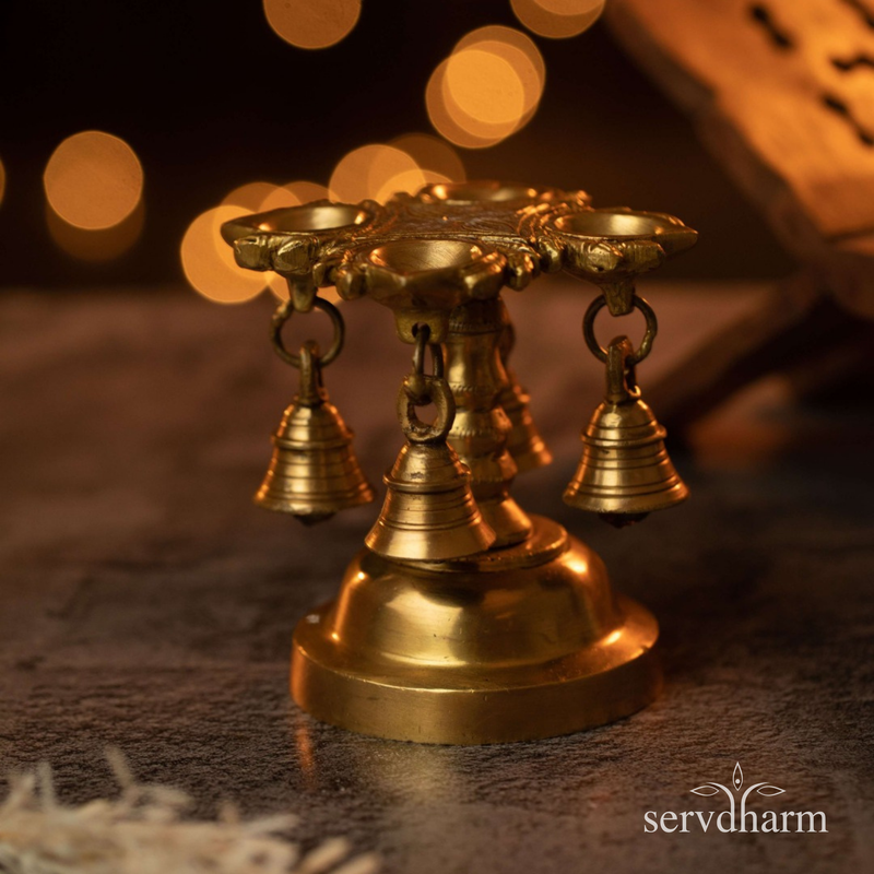 Pure Brass Diya With Bells 4.3 Inch | 1186 grams