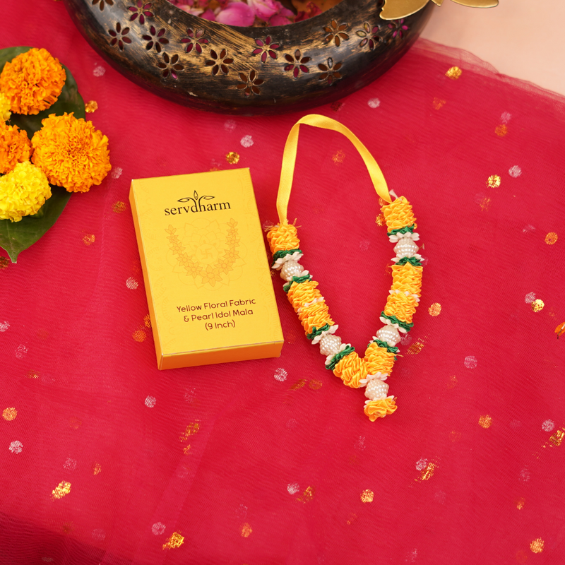 Yellow Floral Fabric and Pearl Idol  Mala 9" | 11g