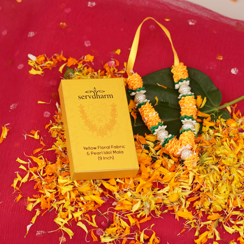 Yellow Floral Fabric and Pearl Idol  Mala 9" | 11g