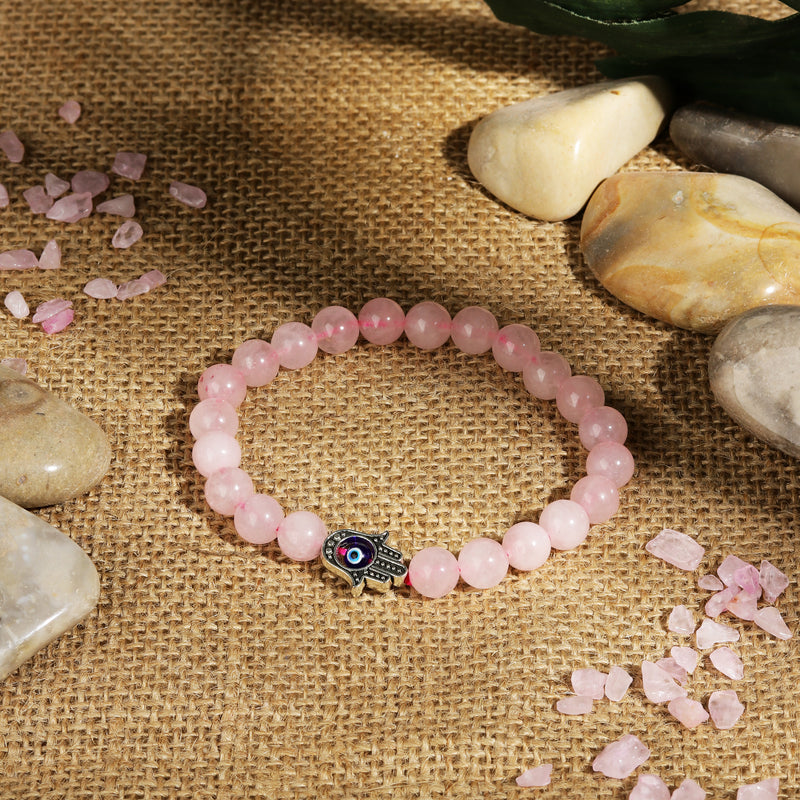 Rose Quartz Bracelet with Hamsa and Evil eye (8mm)