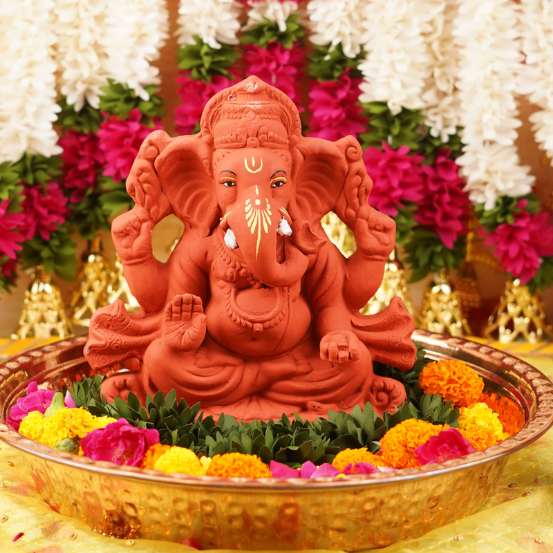Vignaharta Terracotta Colour Ganesha Idol | 9'' Fully Immersible & Dissolvable Clay Murti | 1670g
