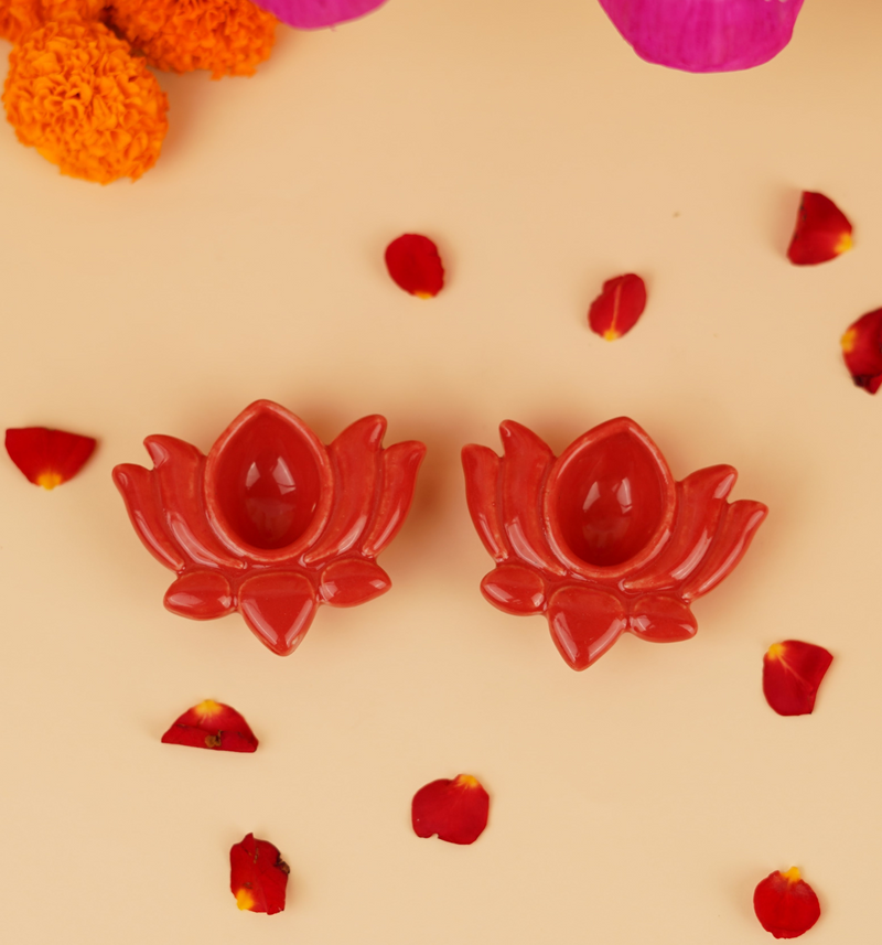 Red Kamal Ceramic Diya Set of 2