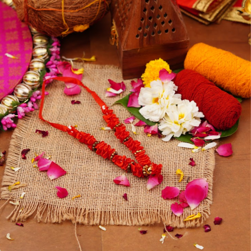 Red Floral Fabric Idol Mala 7.5 " | 4g