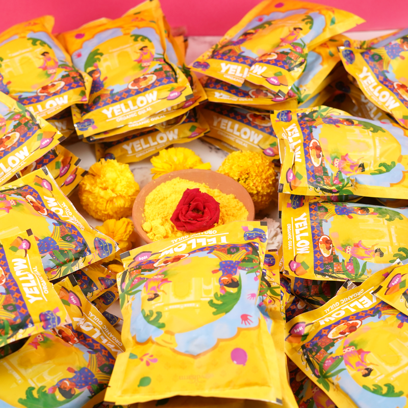 Organic Yellow Fragrant Gulal 100g Pouch (Pack of 100) | Infused with  Kesar Fragrance