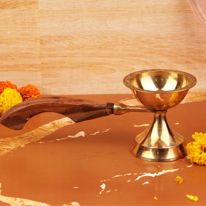 Premium Brass Rounded Designed Akhand Diya with Wooden Handle 2.9" | 148g