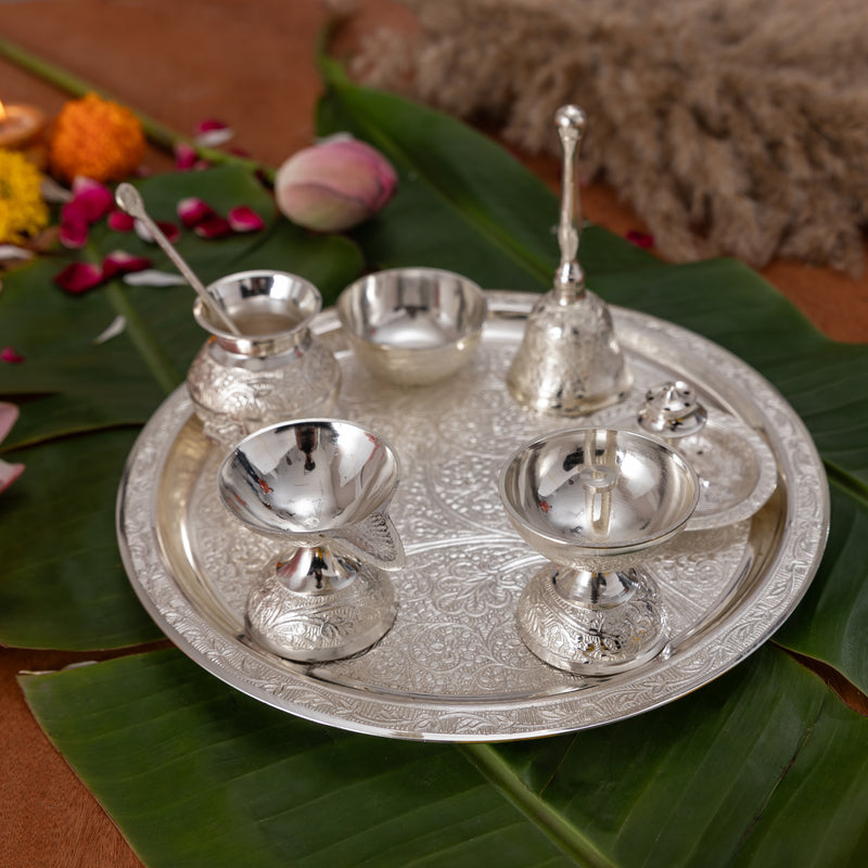 Pure Brass Silver Plated Designer Pooja Thali Set