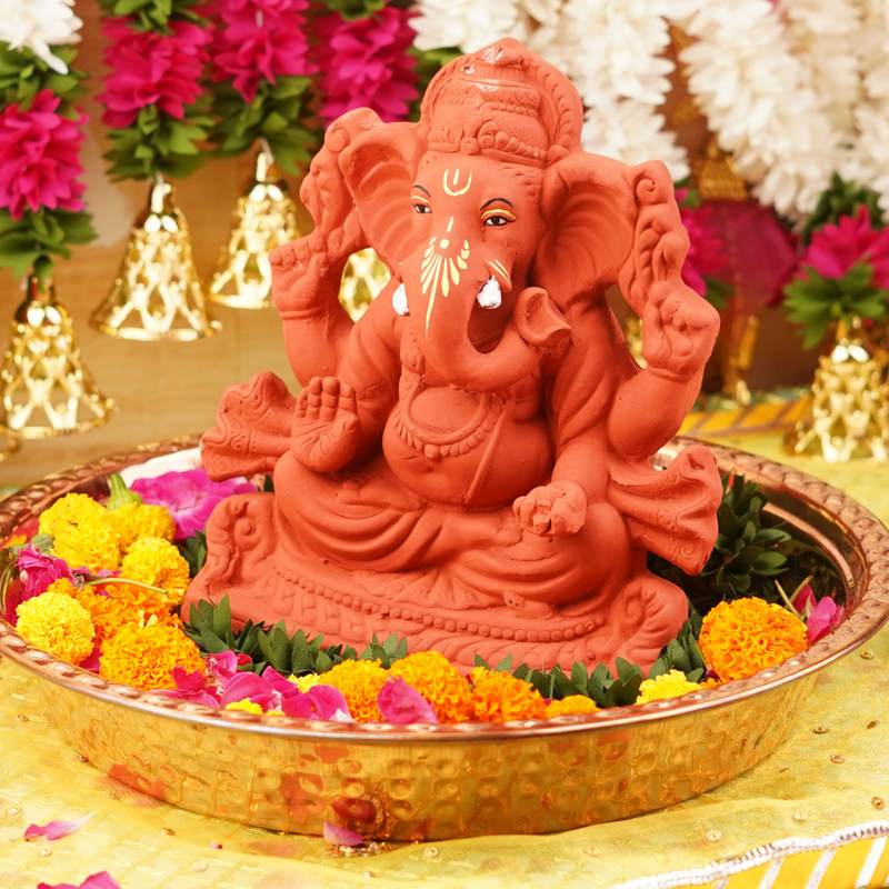 Vignaharta Terracotta Colour Ganesha Idol | 9'' Fully Immersible & Dissolvable Clay Murti | 1670g
