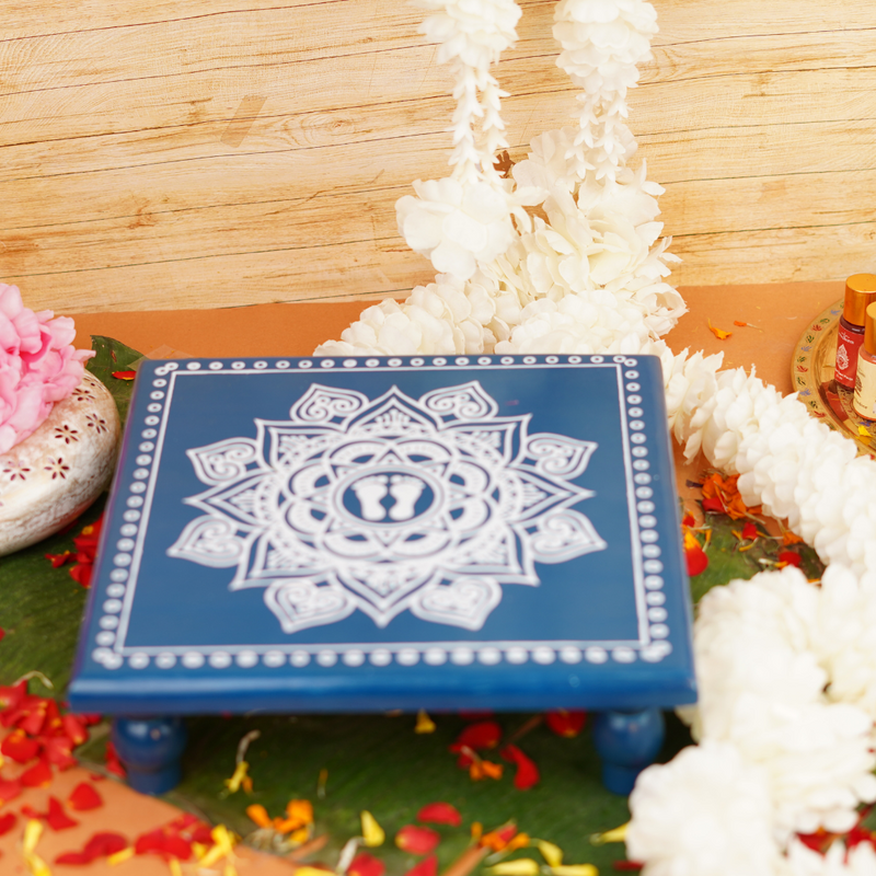 Indigo Aipan Laxmi Charan Pooja chowki 11x11 Inch