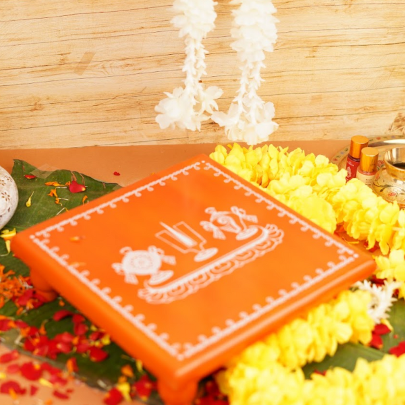 Orange shank chakra Namah Aipan Pooja chowki 11x11 Inch