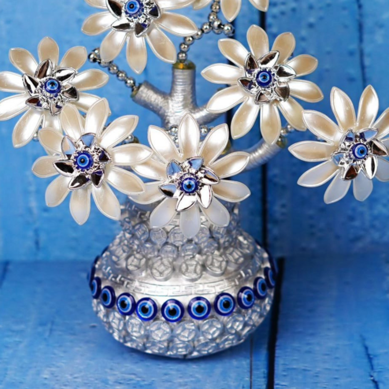 Handcrafted Floral Sculpture with Evil Eye Charms in Ornate Silver Base 10 Inch | 395g