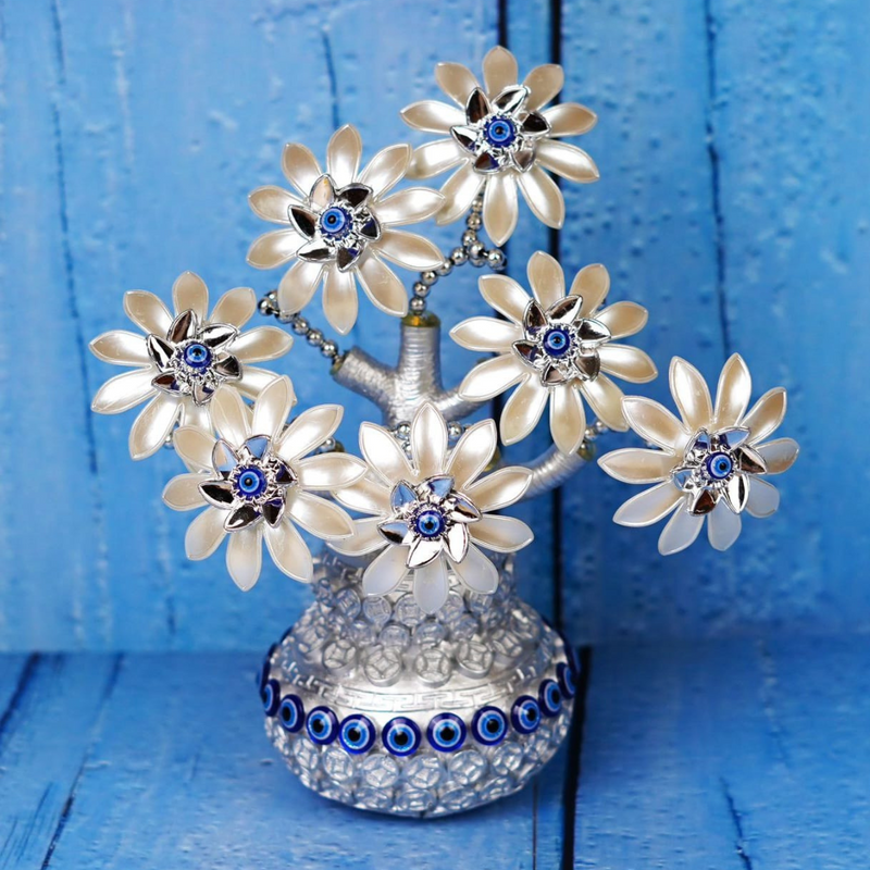 Handcrafted Floral Sculpture with Evil Eye Charms in Ornate Silver Base