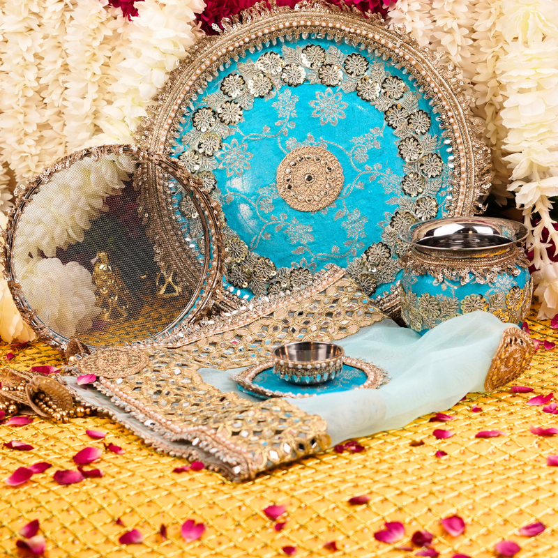 Light Blue Karwa Chauth Thali Set | Luxe Edition | Pack of 5