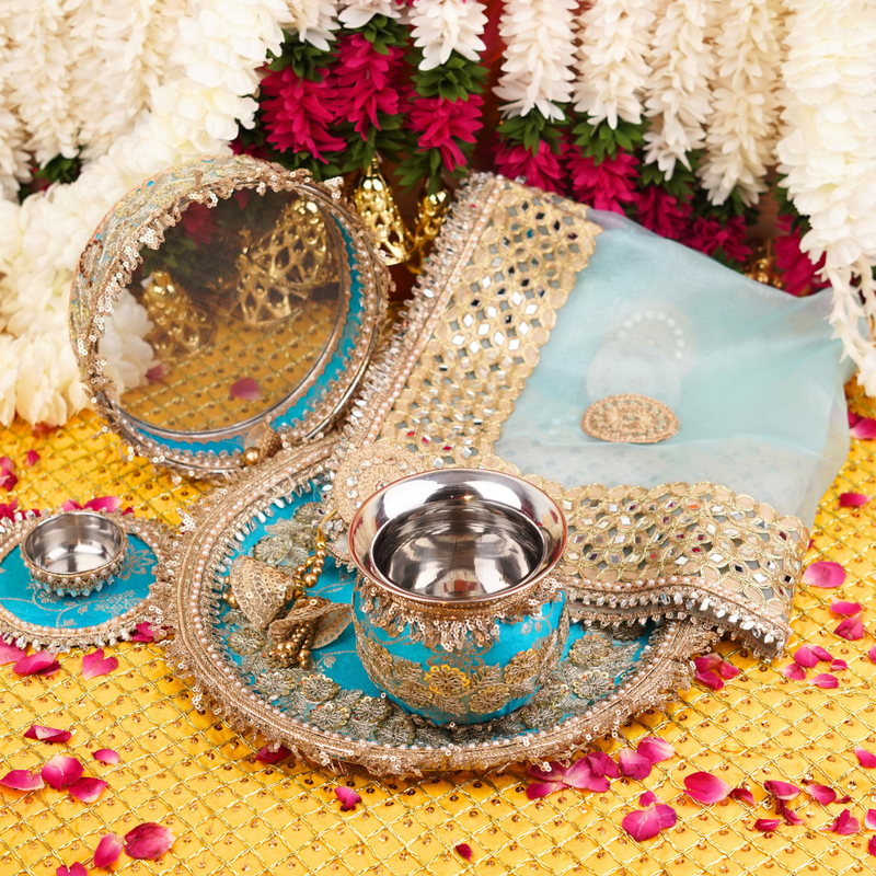 Light Blue Karwa Chauth Thali Set | Luxe Edition | Pack of 5