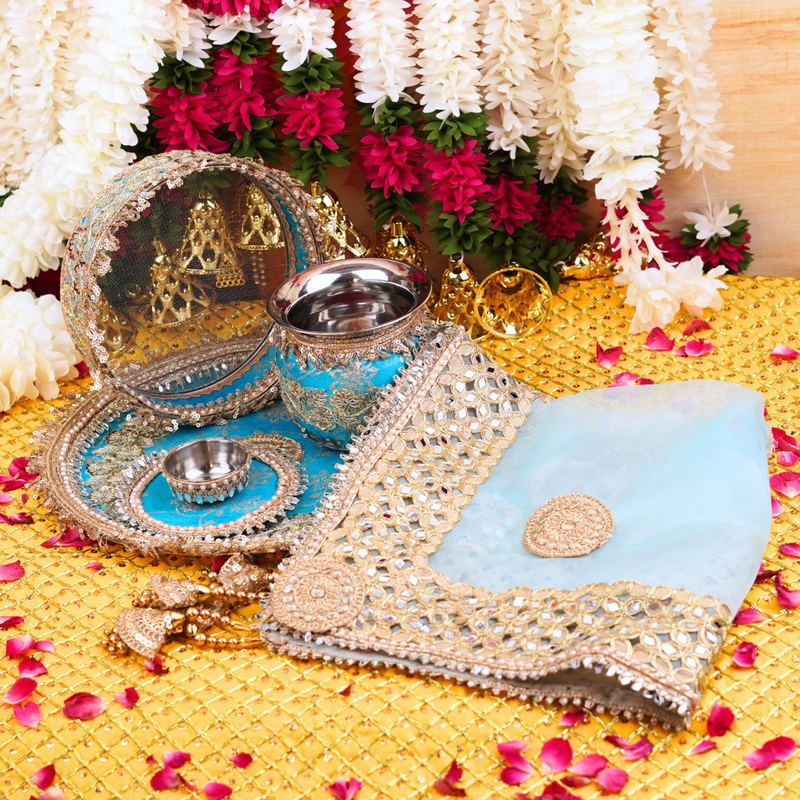 Light Blue Karwa Chauth Thali Set | Luxe Edition | Pack of 5