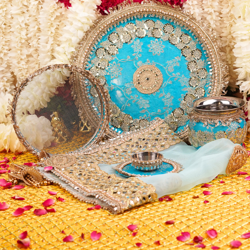 Light Blue Karwa Chauth Thali Set | Luxe Edition | Pack of 5