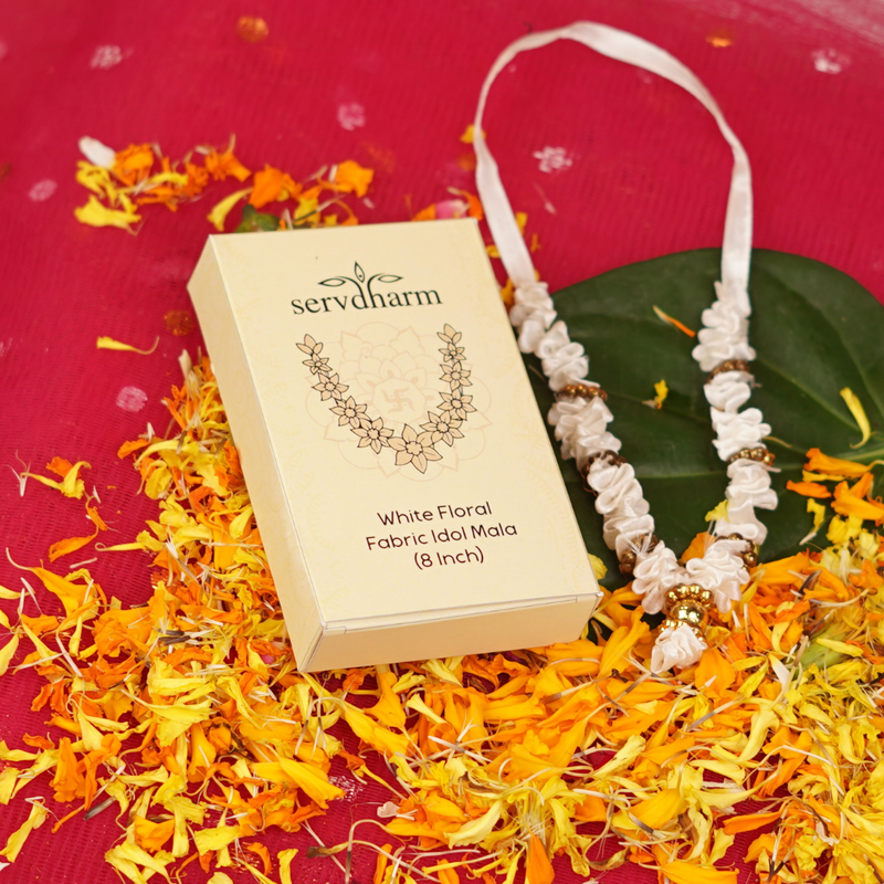 White Floral Fabric Idol Mala 8" | 3g