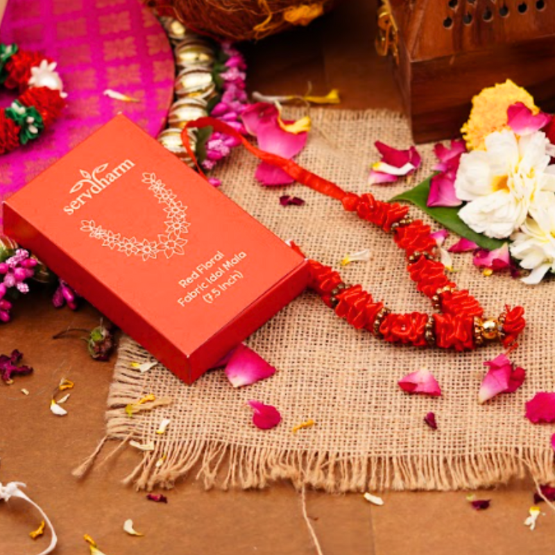 Red Floral Fabric Idol Mala 7.5 " | 4g