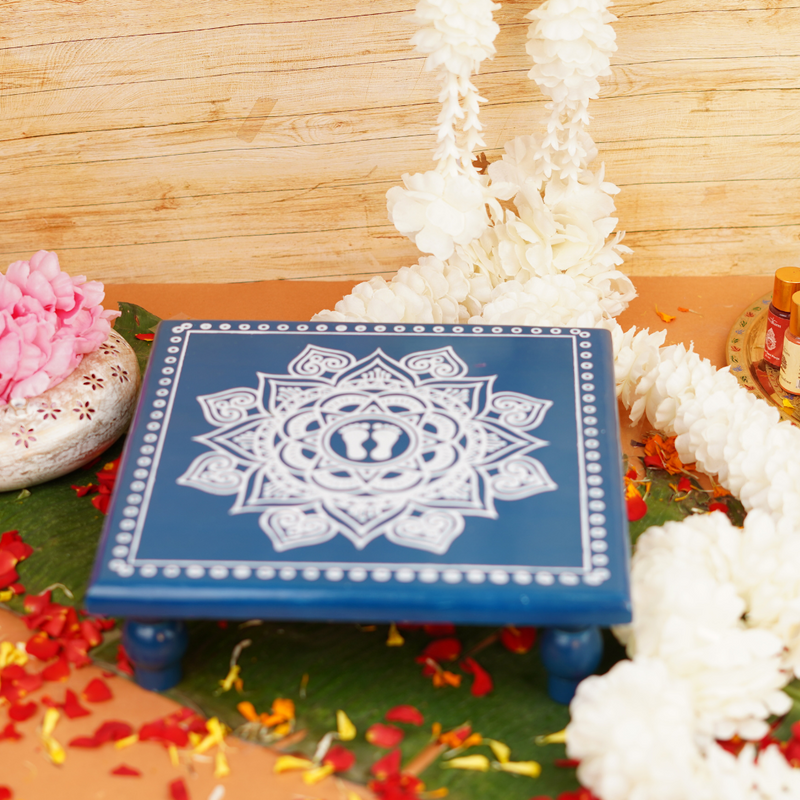 Indigo Aipan Laxmi Charan Pooja chowki 11x11 Inch