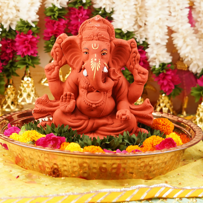 Vignaharta Terracotta Colour Ganesha Idol | 9'' Fully Immersible & Dissolvable Clay Murti | 1670g