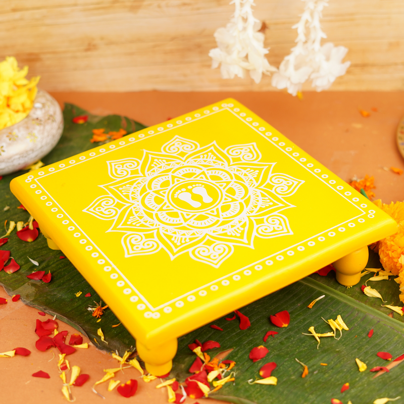 Yellow Aipan Laxmi Charan Pooja chowki 11x11 Inch