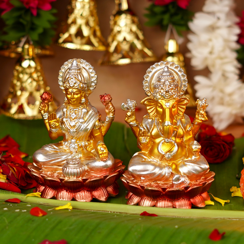 Silver and Golden Lakshmi Ganesh Resin Idol 4"