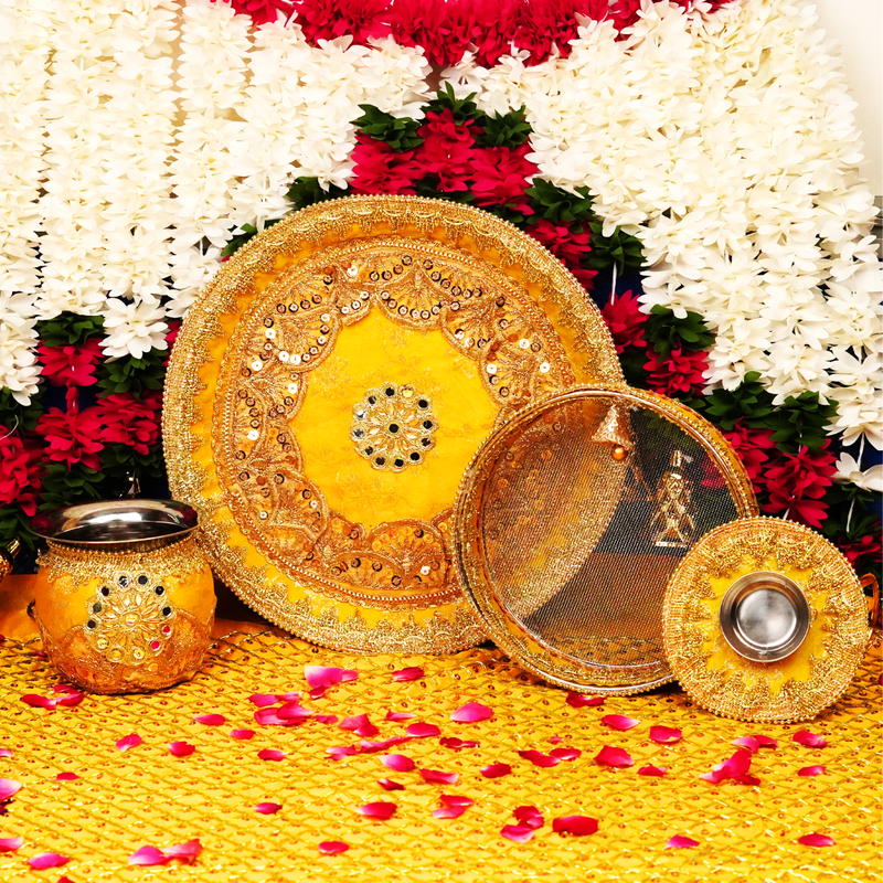 Yellow Karwa Chauth Thali Set | Pack of 5 | Luxe Edition