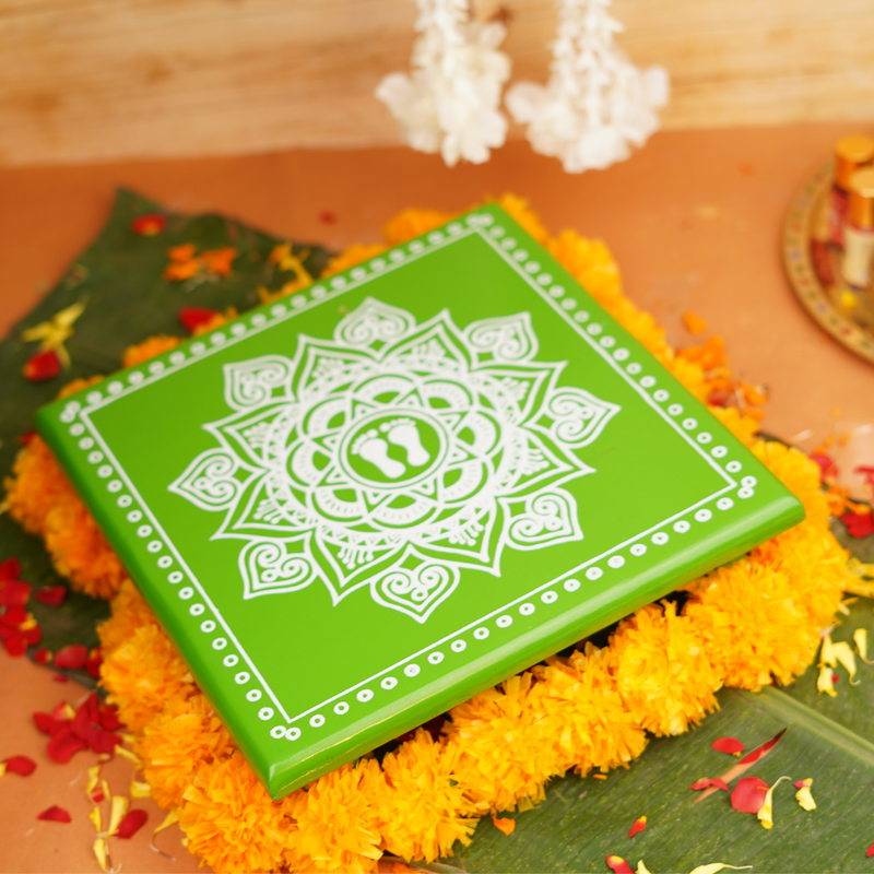 Green Aipan Laxmi Charan Pooja chowki 11x11 Inch