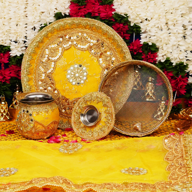 Yellow Karwa Chauth Thali Set | Pack of 5 | Luxe Edition