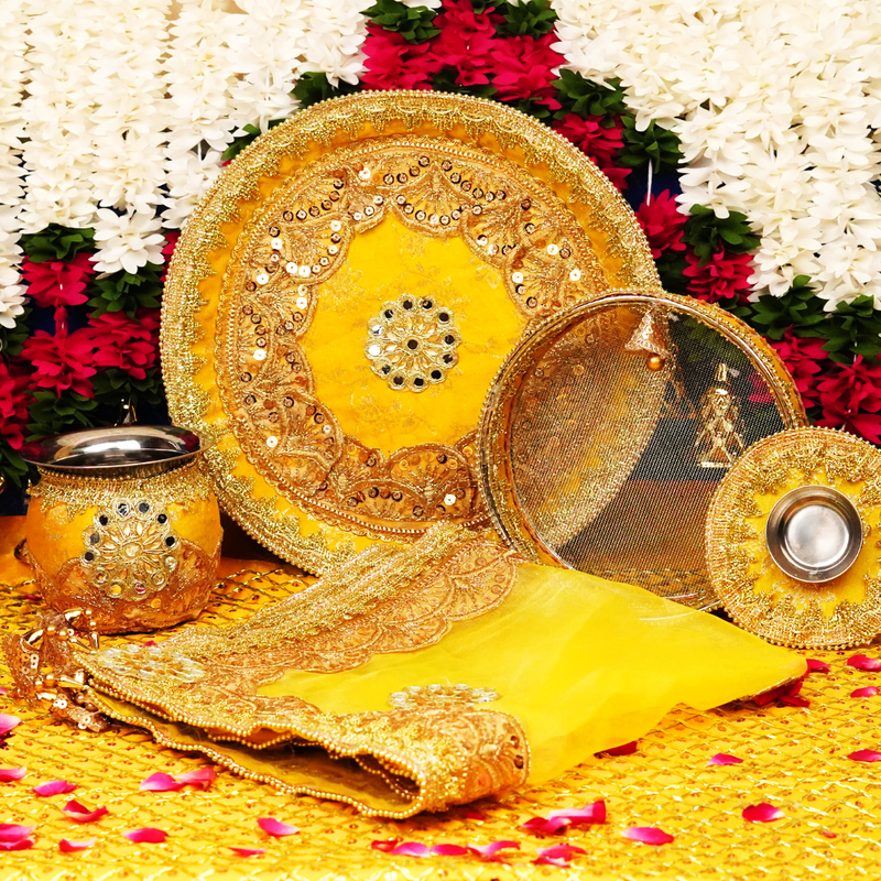 Yellow Karwa Chauth Thali Set | Pack of 5 | Luxe Edition