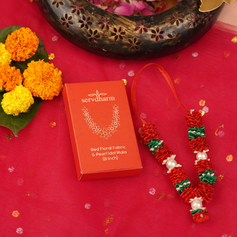 Red Floral Fabric and Pearl Idol Mala 8" | 11g
