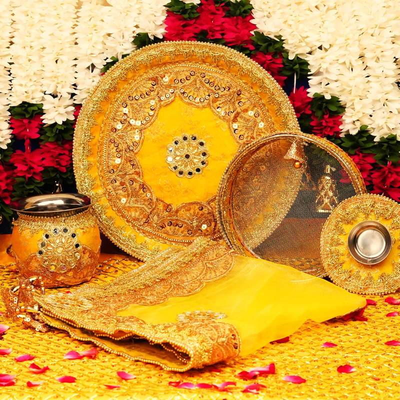 Yellow Karwa Chauth Thali Set | Pack of 5 | Luxe Edition