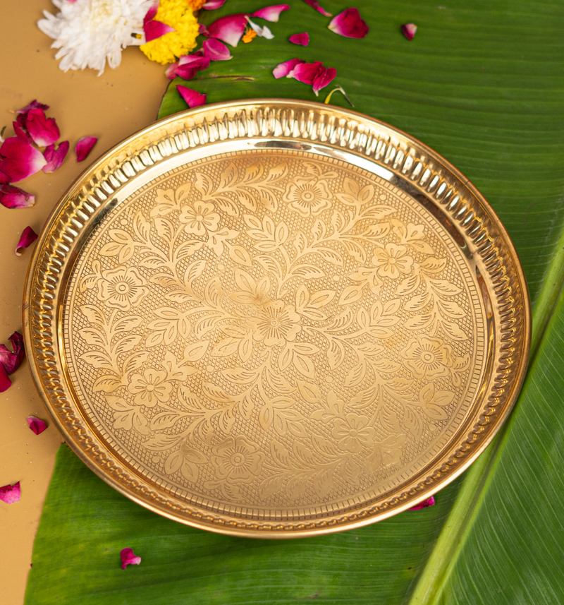 Pure Brass Floral Etchings Pooja Thali 9 Inch