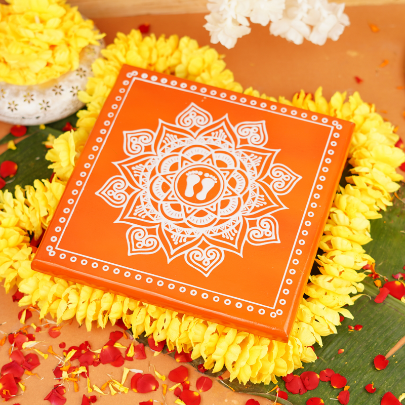 Orange Aipan Laxmi Charan Pooja chowki 11x11 Inch