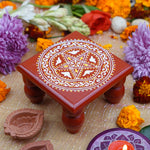 Pooja Chowki 5" in Red with White Artwork | Solid Wood