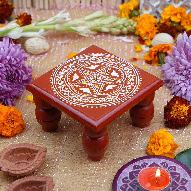 Pooja Chowki 5" in Red with White Artwork | Solid Wood