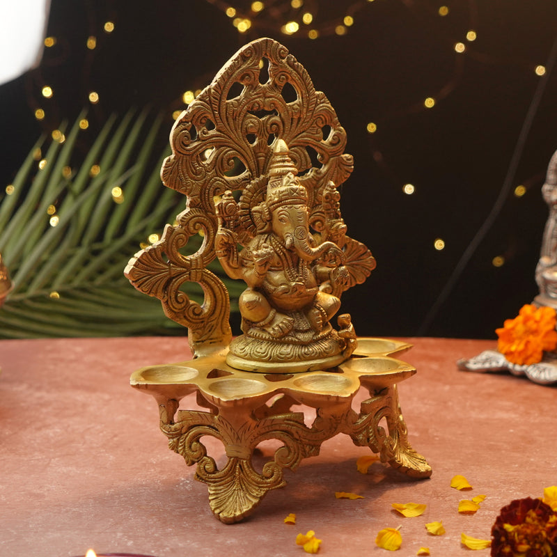 Antique Finish Ganesha With Five Wick Brass Diya (10.5 Inch)