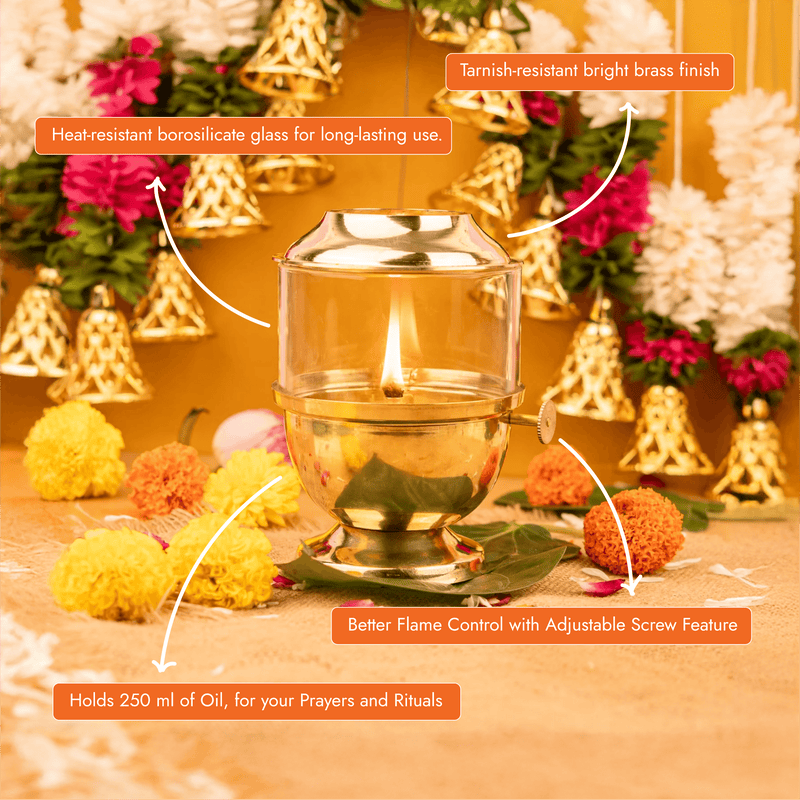 Brass Akhand Diya with Adjustable Baati 6" | Oil Capacity 250 ml