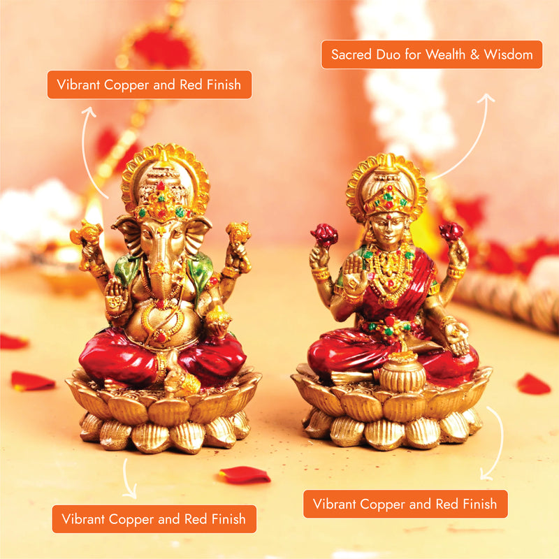 Copper and Red Lakshmi Ganesh Resin Idol 4"