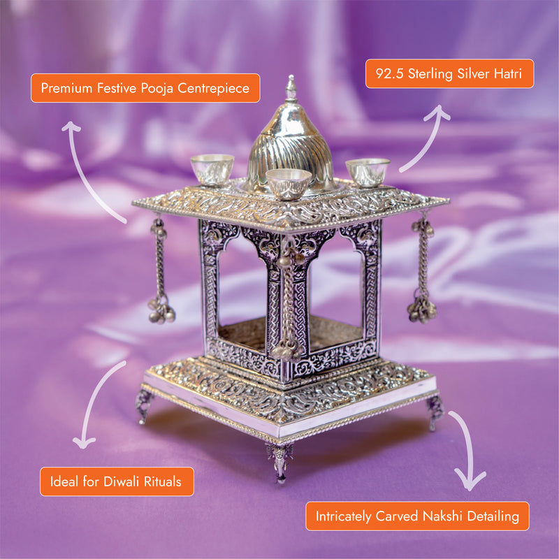 Silver Intricately Carved Nakshi Diwali Hatri | 294 gram | 4 x 4 x 6.5 inch | 92.5 Sterling Silver