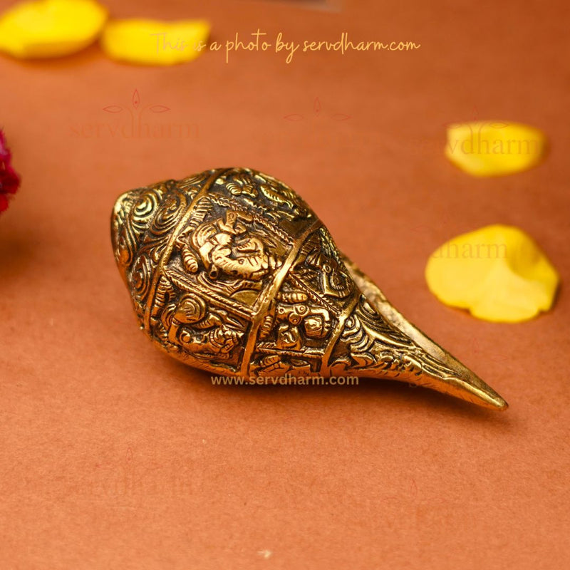 Brass Ganesh Shankh with Carvings (5.5 Inch) - With Luxurious Gift Box