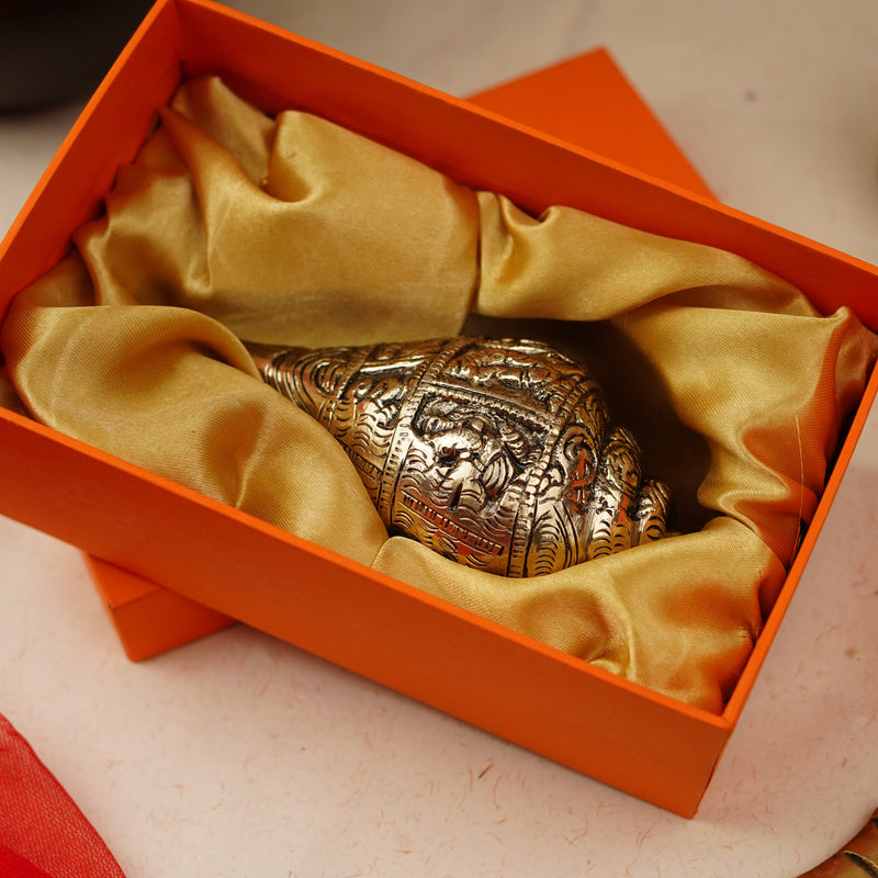 Brass Ganesh Shankh with Carvings (5.5 Inch) - With Luxurious Gift Box